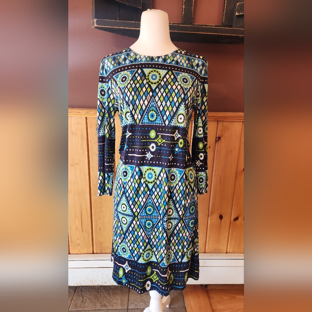 SALE Tory Burch 100% Silk Multi Dress Geometric Blue Green Size 8